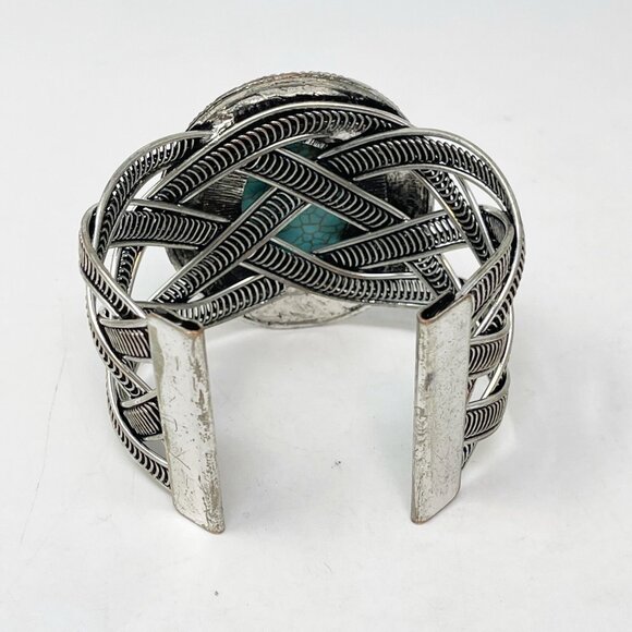 Silver Tone Faux Turquoise Chunky Open Cuff Statement Bracelet Boho Western - Picture 3 of 8